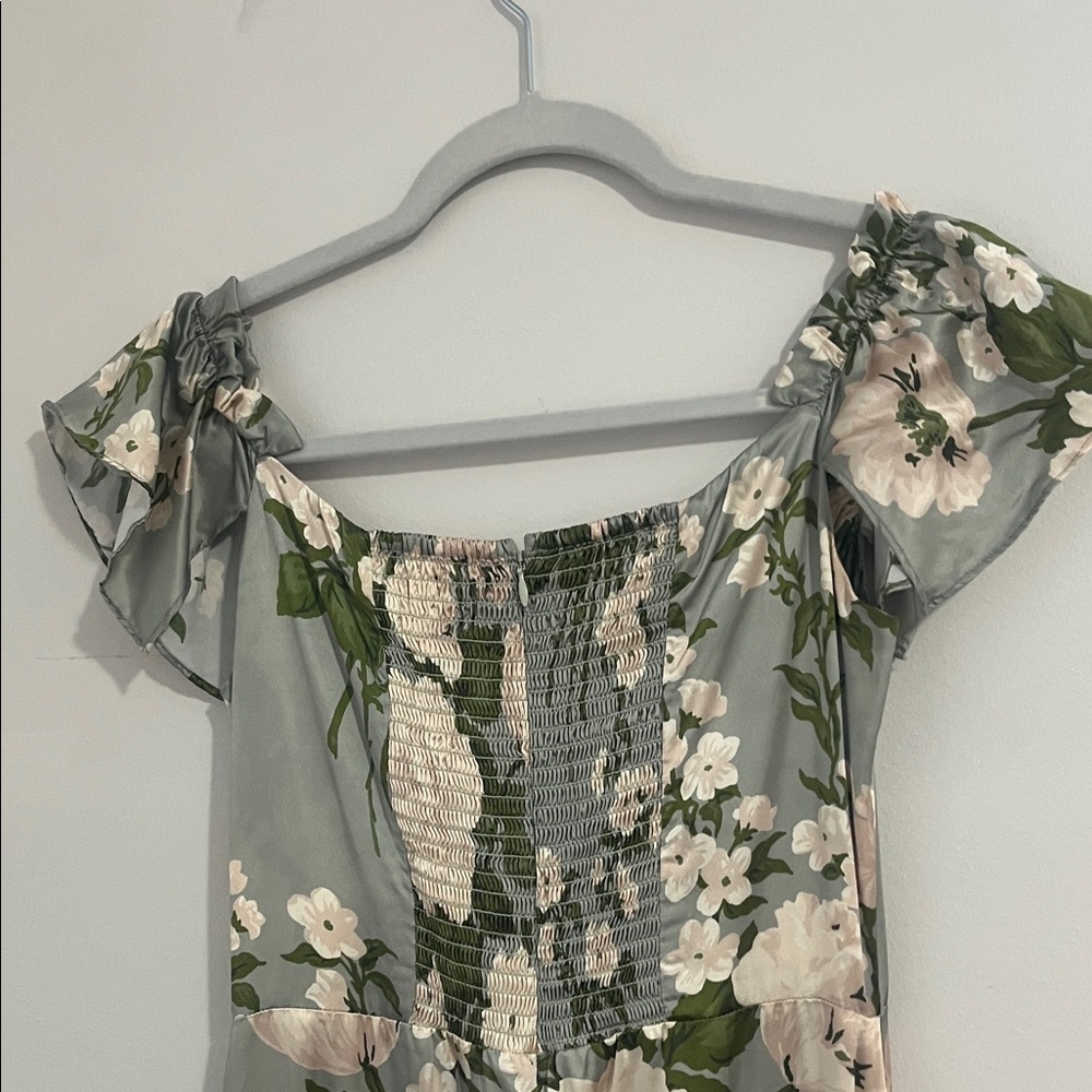 Reformation Silk Off-Shoulder Floral Midi Dress in Sage Green and White - Picture 11 of 12